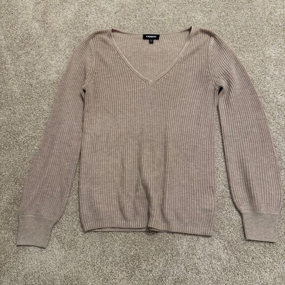 Express V-Neck Ribbed Long Puff Sleeve Knit Sweater Pink Beige Women's Small - Picture 9 of 9